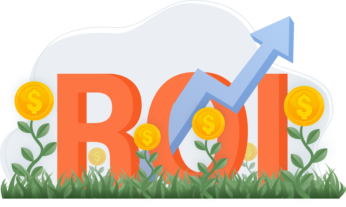 ROI, return on investment performance measure from cost invested and profit efficiency. Business growth arrows to success. Vector illustration